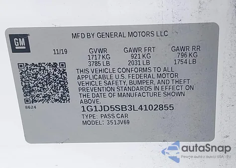 2020 Chevrolet Sonic Fwd Lt from USA, damaged, VIN 1G1JD5SB3L4102855